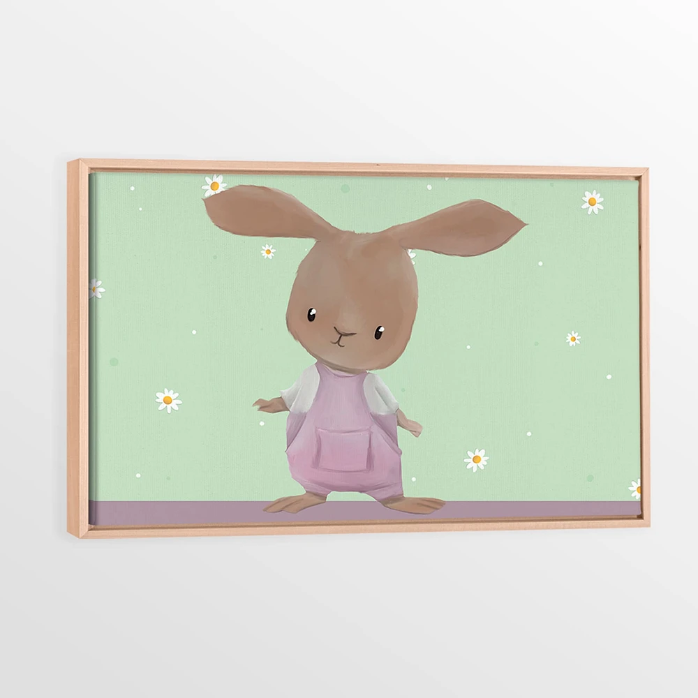 Toile avec Cadre en Bois Naturel - Lapin en salopette