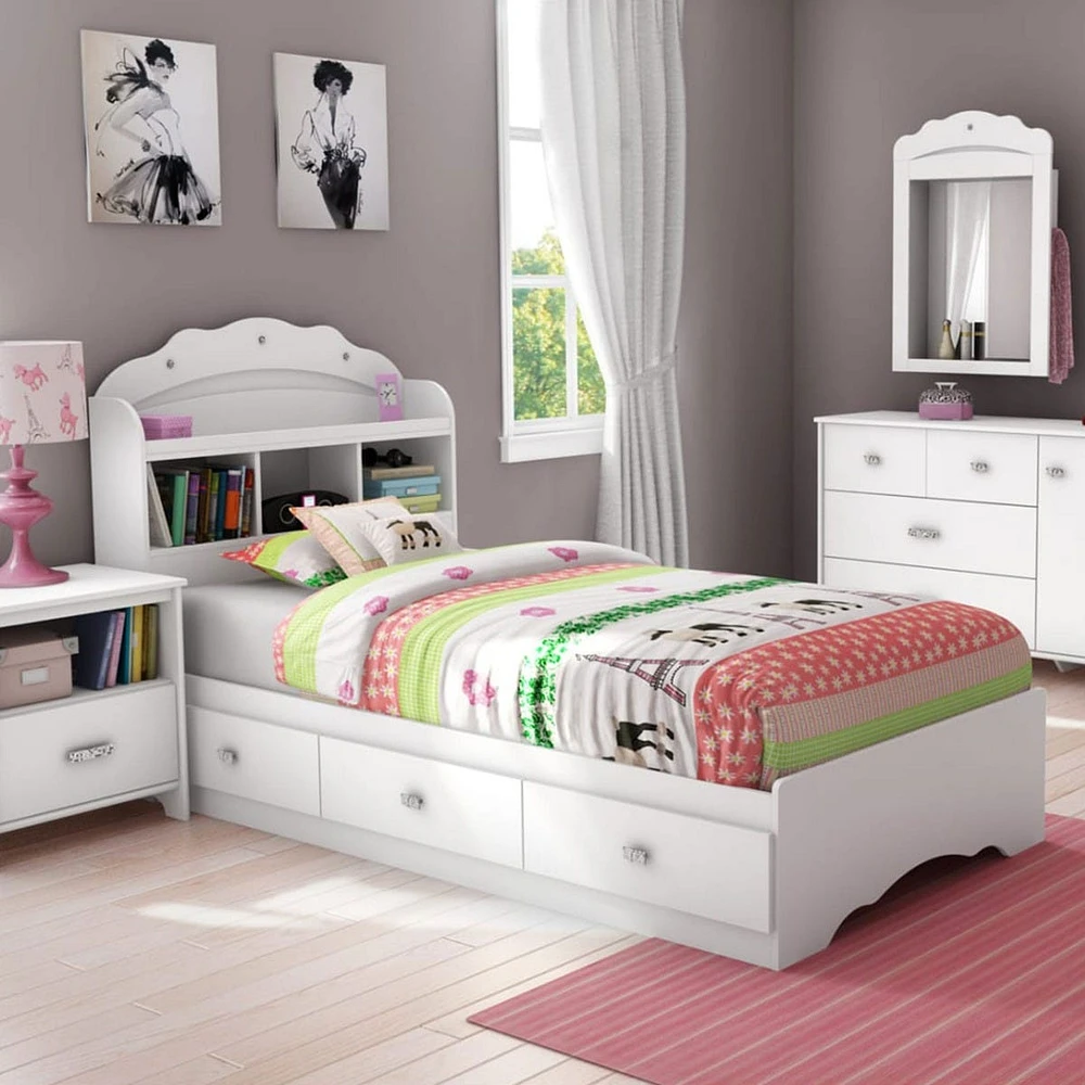 Tiara Mates Bed with Bookcase Headboard Set - Pure White