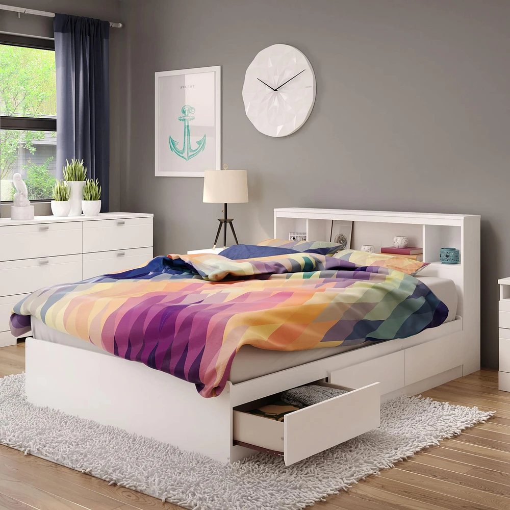 Double Mates Bed With Bookcase Headboard Set - Reevo Pure White