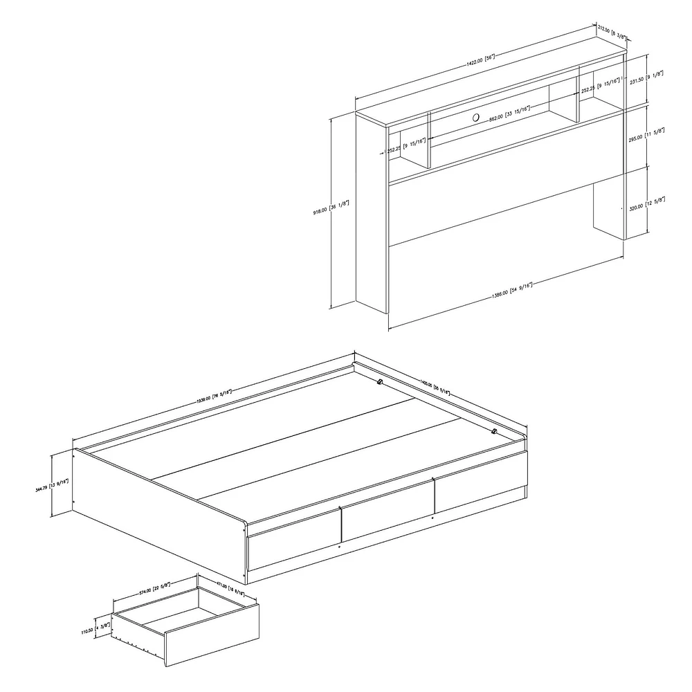 Double Mates Bed With Bookcase Headboard Set - Reevo Pure White