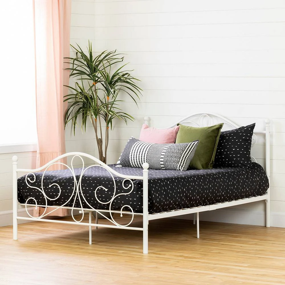 Lit Double Plateforme avec Pied et Tête de Lit en Métal Summer Breeze - Blanc