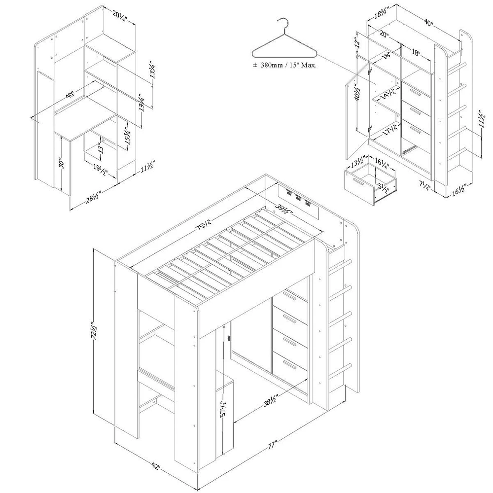 Lit Simple Mezzanine avec bureau - Logik Blanc solide