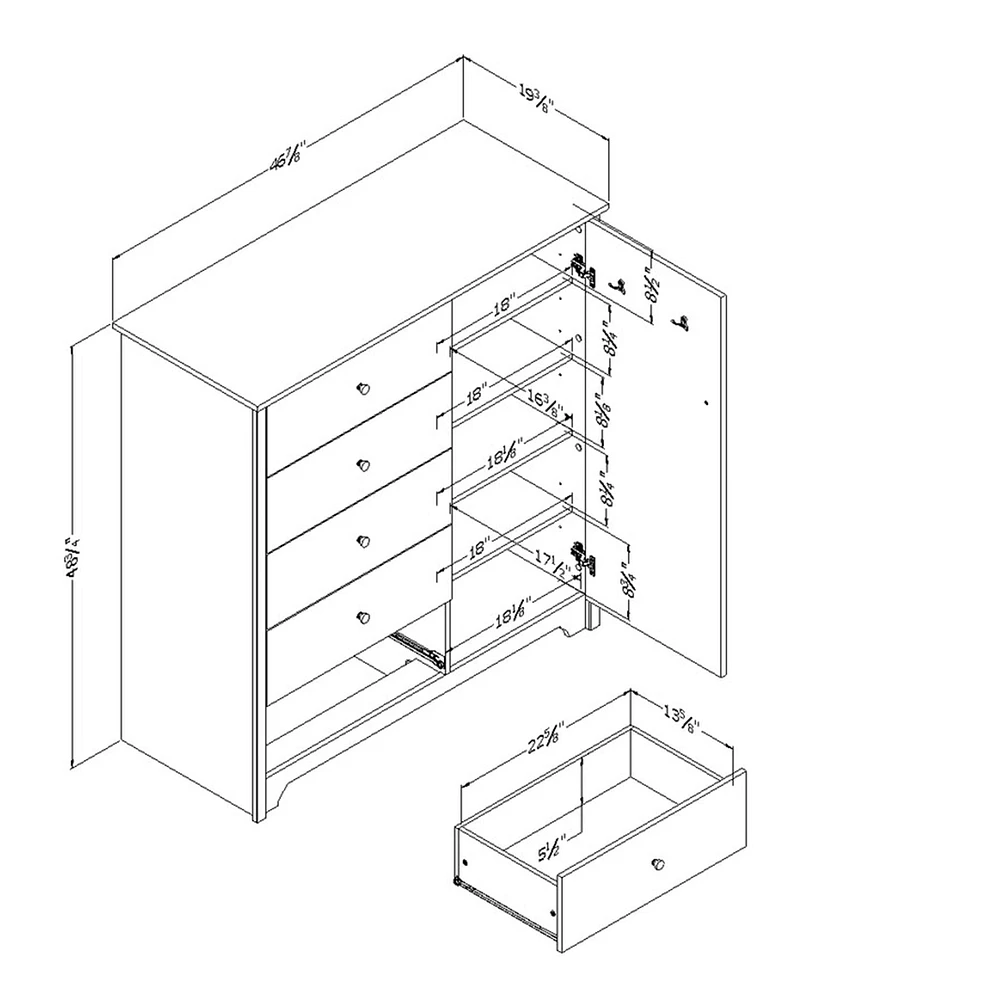 Commode Vito avec Porte et 5 Tiroirs - Blanc Solide