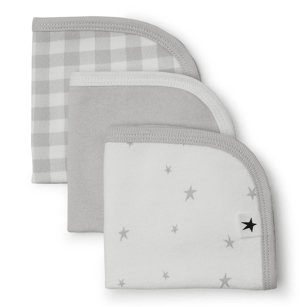 Organic Cotton 3-Pack Washcloth - Grey Stars