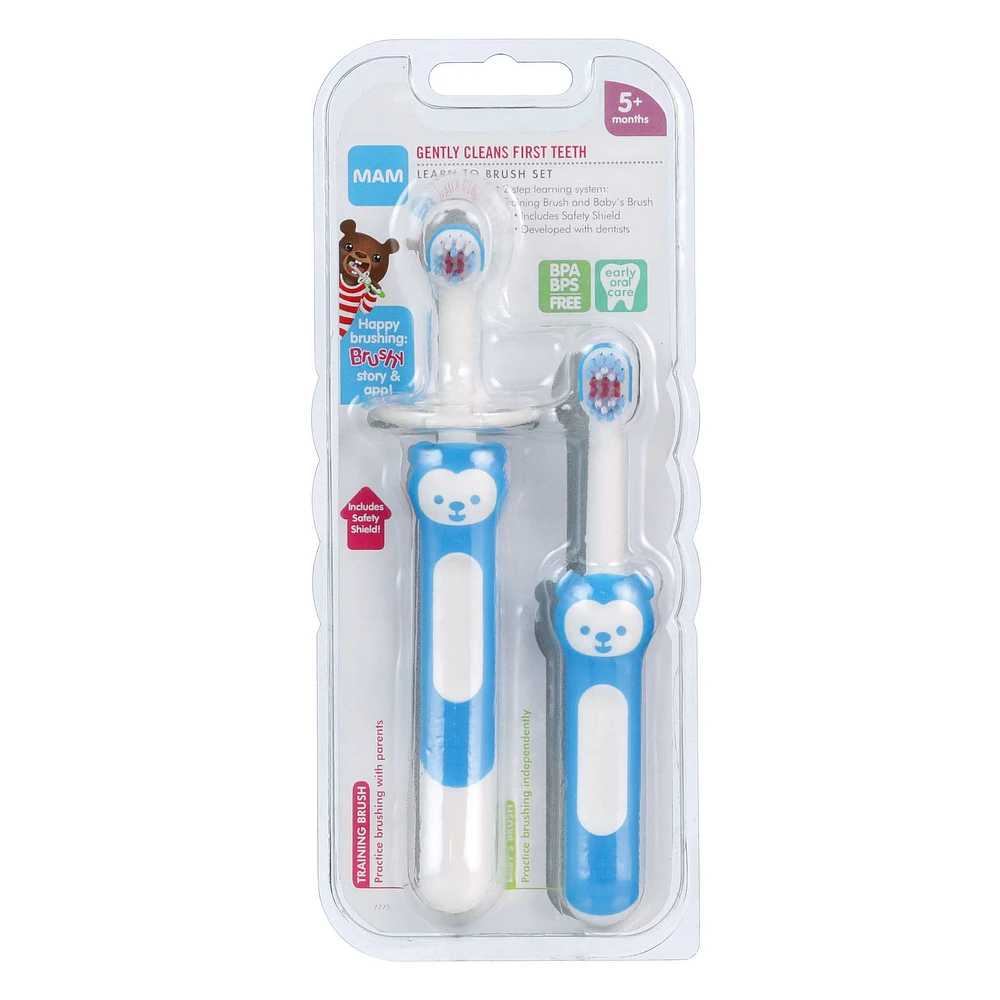 5months+ Learn to Brush Baby Toothbrushes Set of 2 - Blue