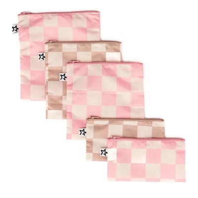 Reusable Snack Bags 5-Pack - Pink / Brown Checkers