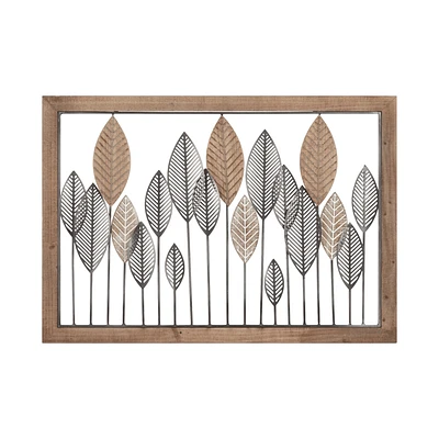 Framed Metal and Wood Leaves Wall Art