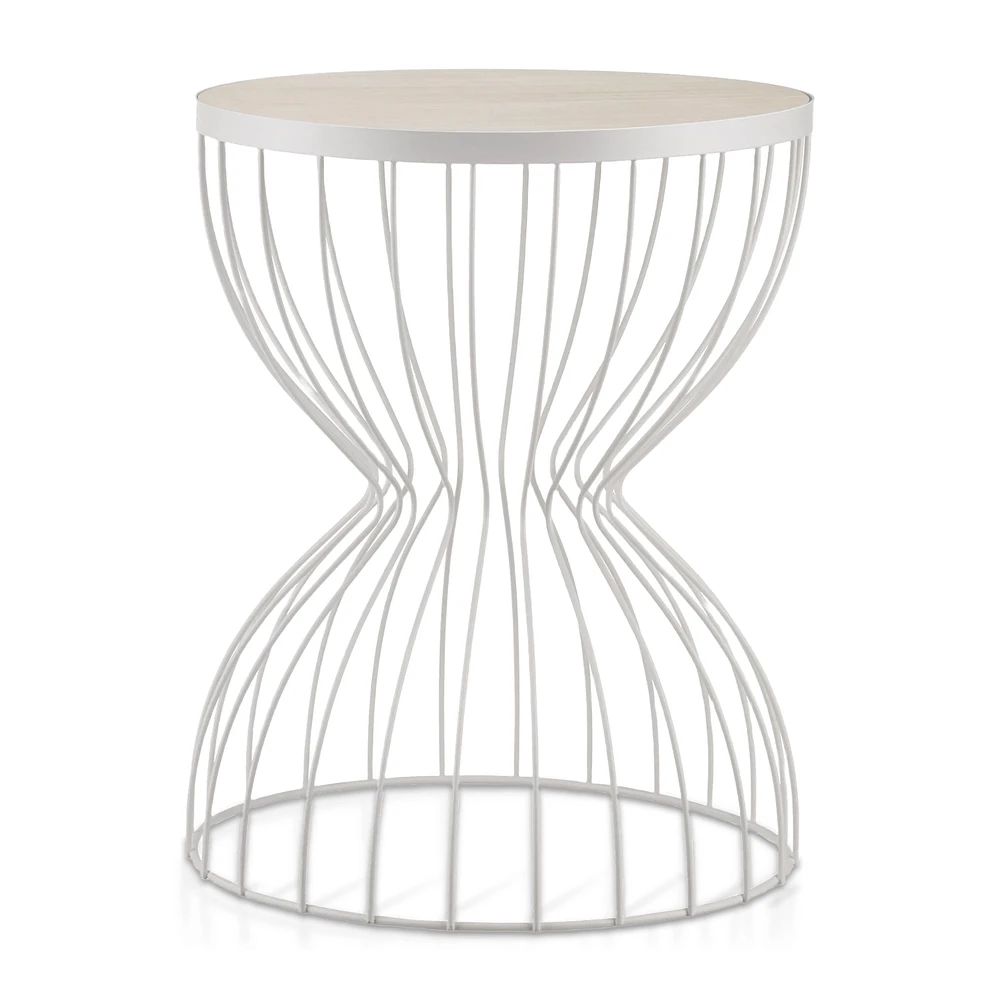 White & Natural Metal and Natural Wood Hourglass Side Table