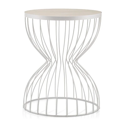 White & Natural Metal and Natural Wood Hourglass Side Table