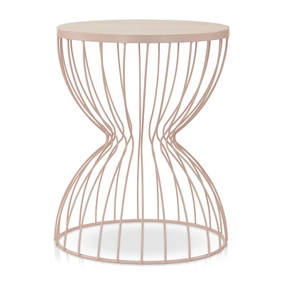 Pink Metal and Natural Wood Hourglass Side Table