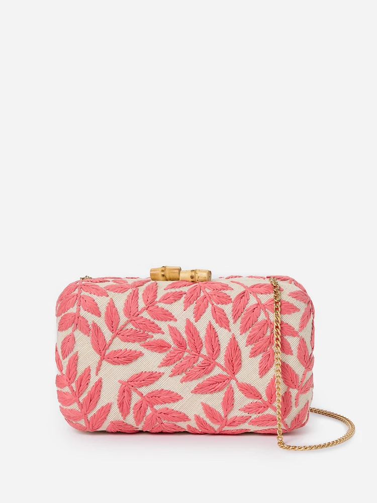 Lilly Straw Clutch in Leaf Sketch Embroidery