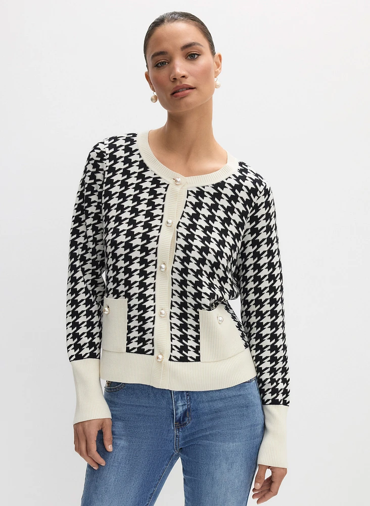 Contrast Houndstooth Print Cardigan