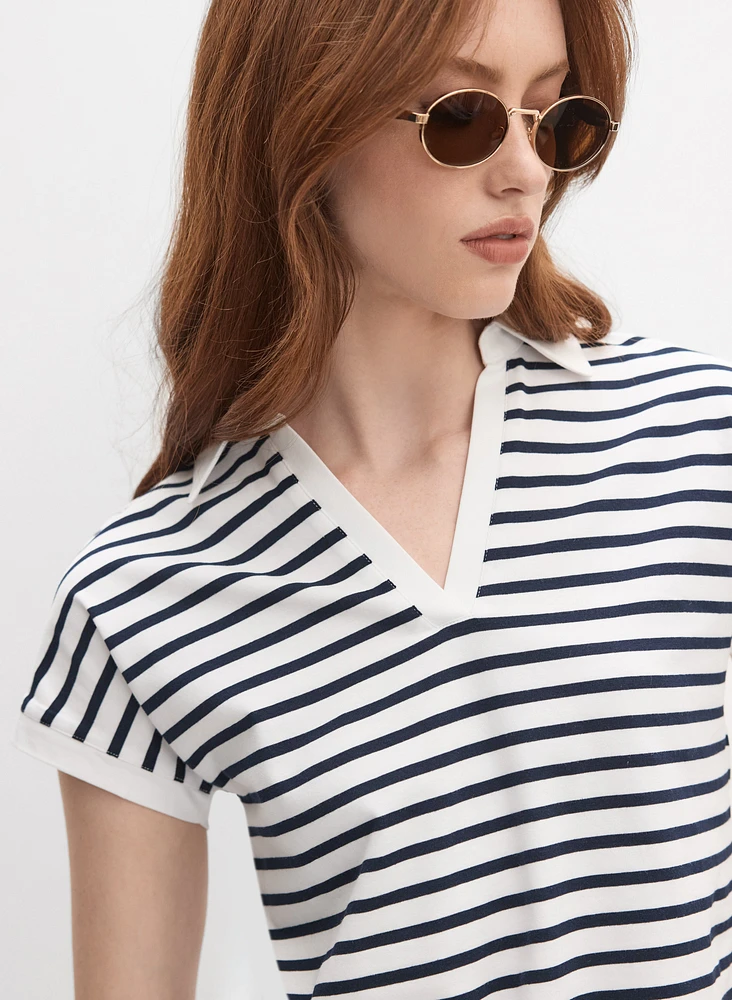 Striped Polo-Neck T-Shirt