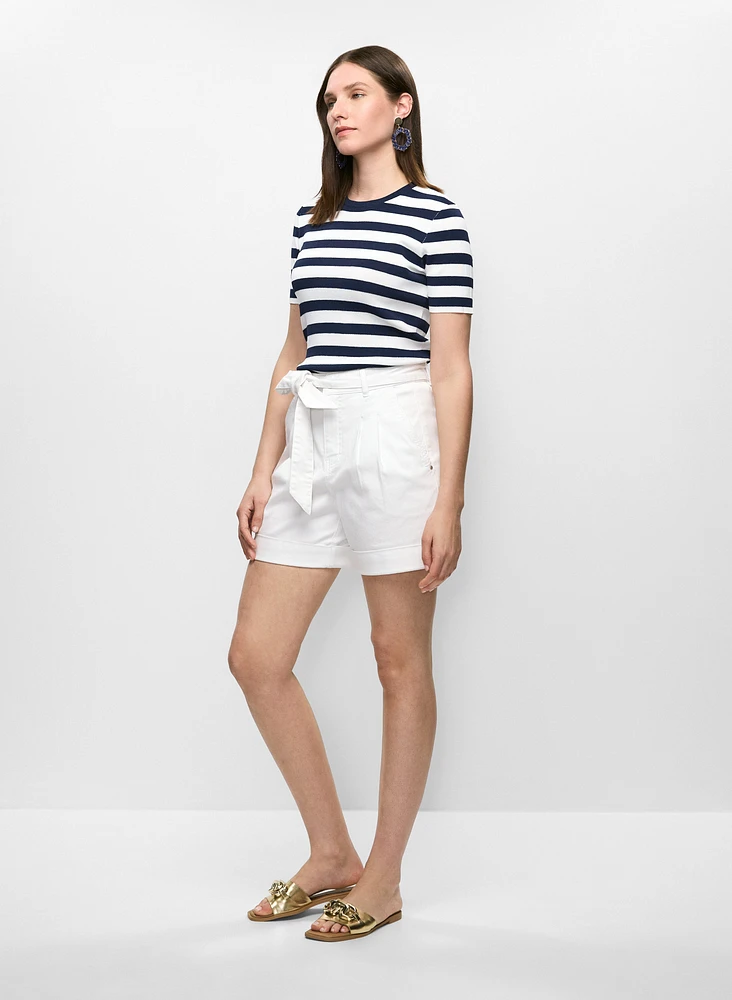 Pleated Tie-Waist Denim Shorts