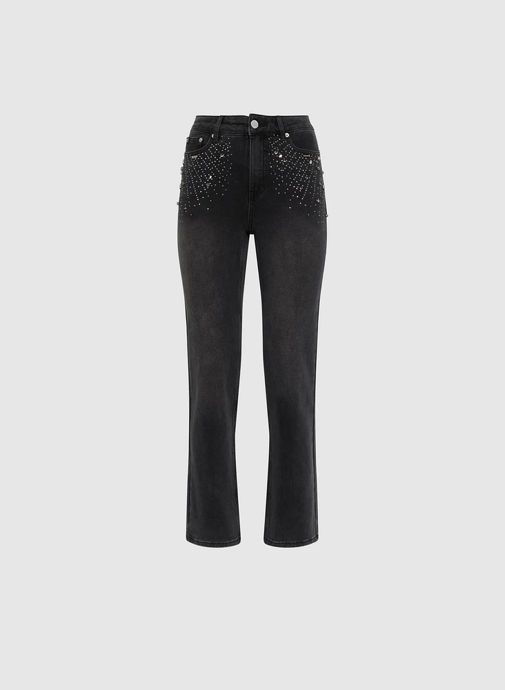 Rhinestone Detail Straight Leg Jeans