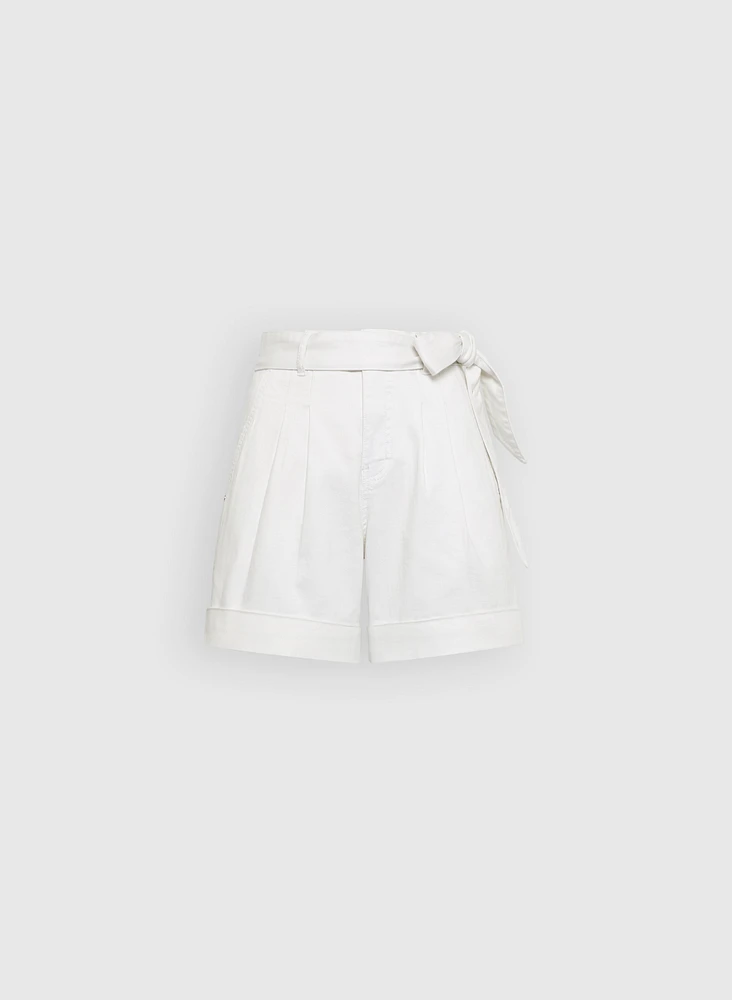 Pleated Tie-Waist Denim Shorts