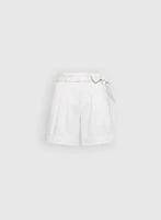 Pleated Tie-Waist Denim Shorts