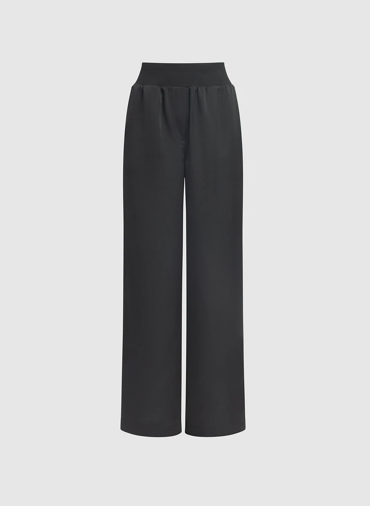Ribbed Waist Wide-Leg Pants