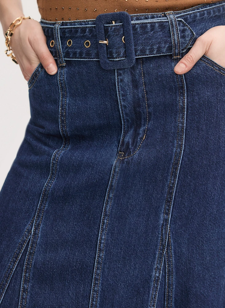 Jupe midi en denim à ceinture