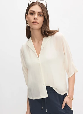 Notch Collar Elbow Sleeve Blouse