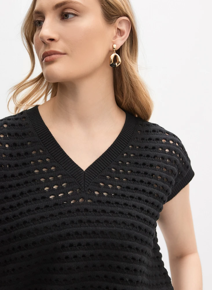 V-Neck Open Knit Pullover