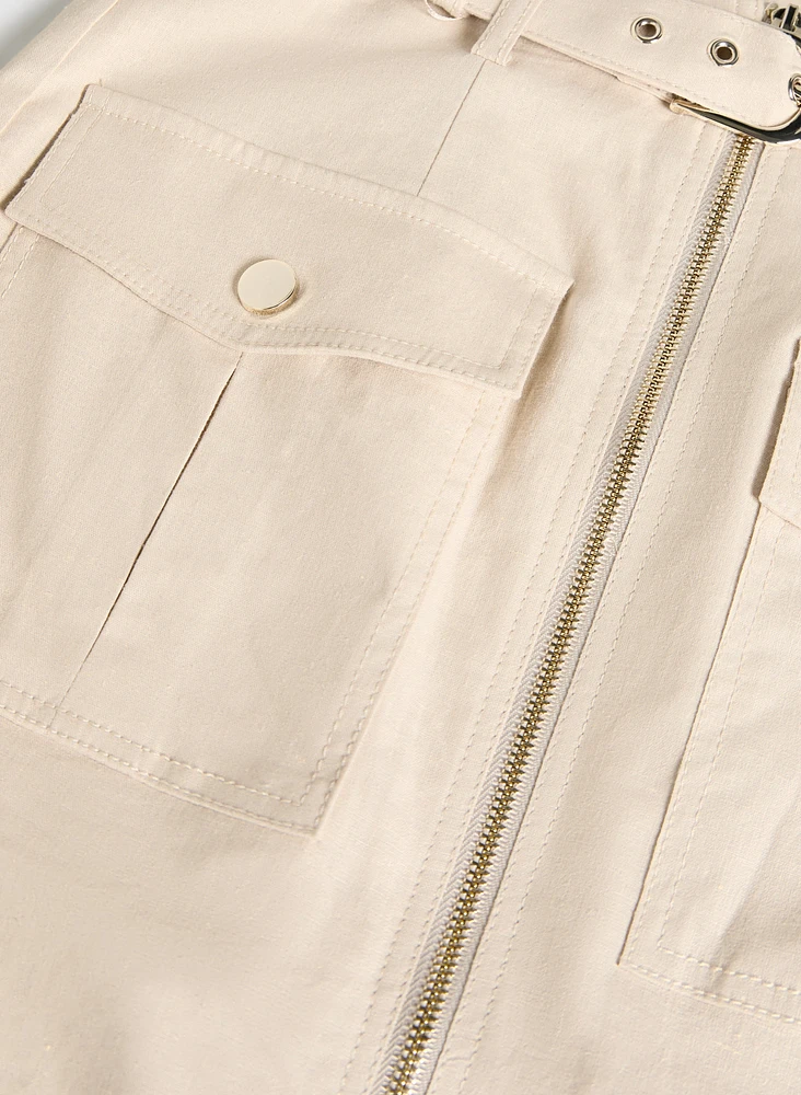 Zip Front Stretch Linen Skirt