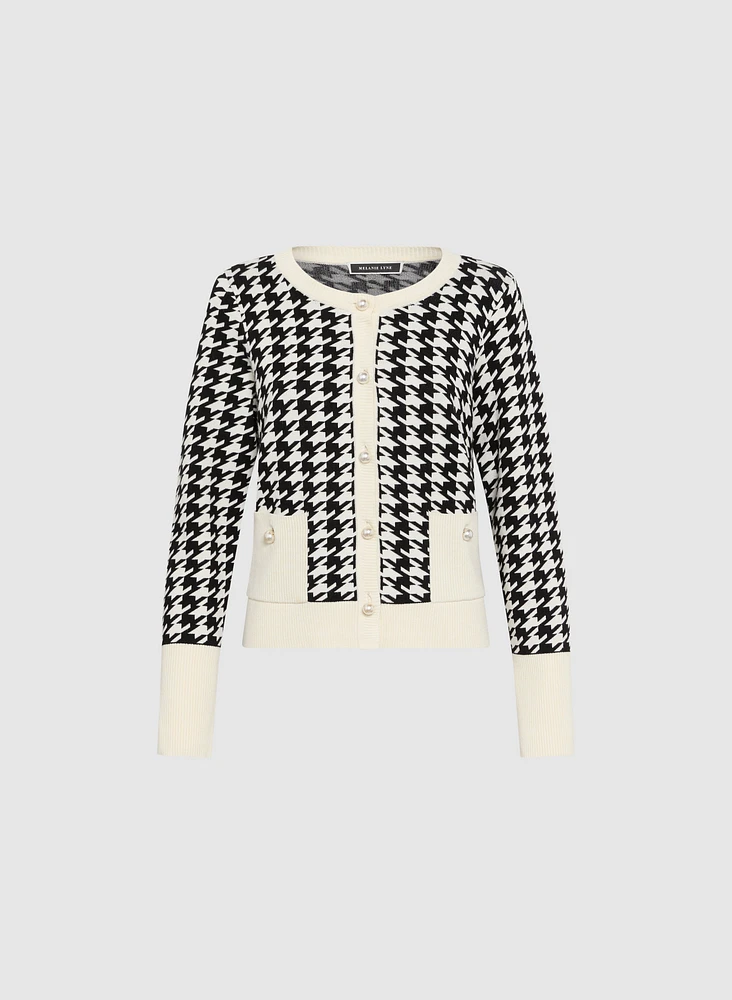 Contrast Houndstooth Print Cardigan
