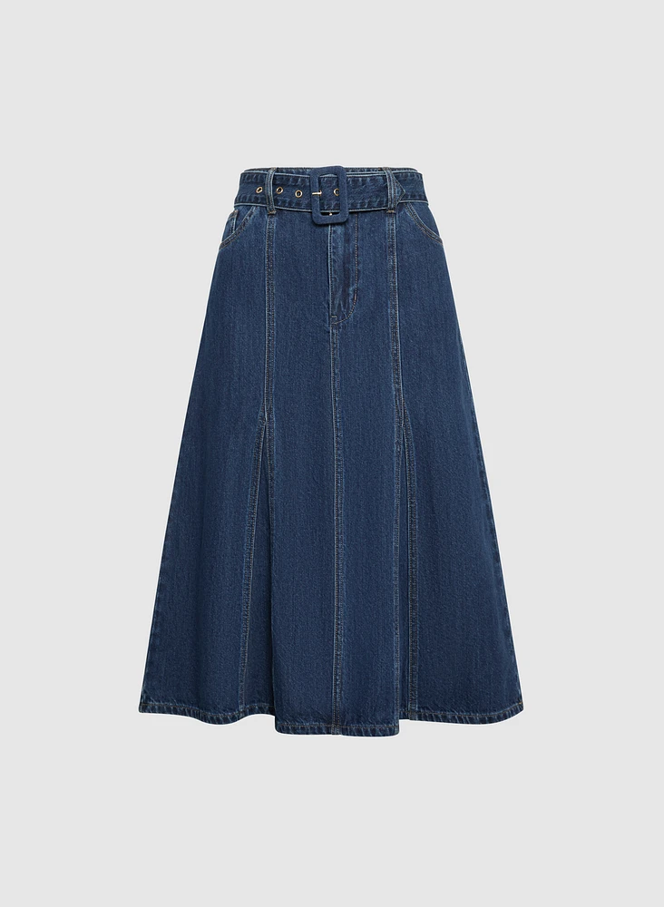 Jupe midi en denim à ceinture