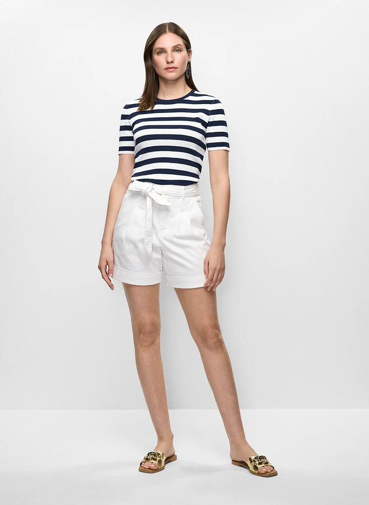 Pleated Tie-Waist Denim Shorts