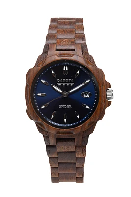 Wood Spider Midsize - Red Sandalwood Case and Band. Blue Sunray Dial