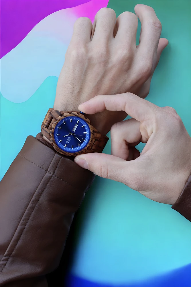 Day/Date Wood - Zebrawood Case/Band Red Sunray Dial