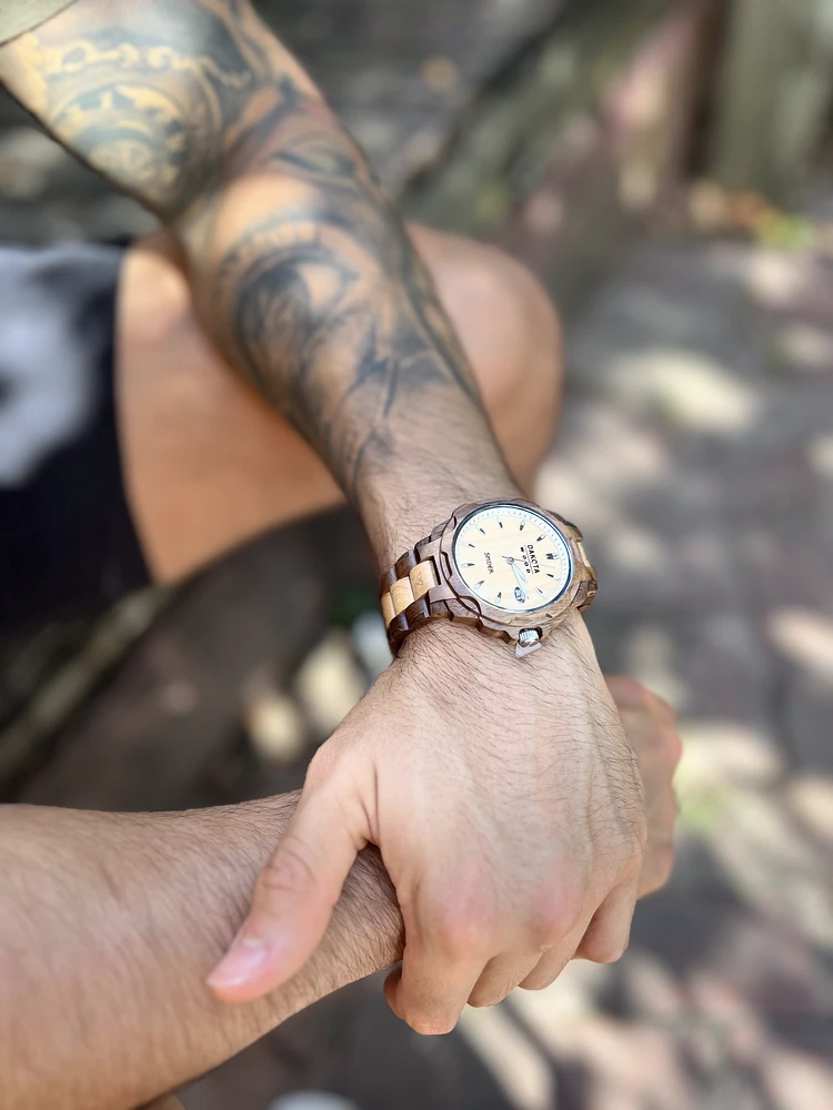 Wood Spider - Zebrawood Case and Band. Black Sunray Dial