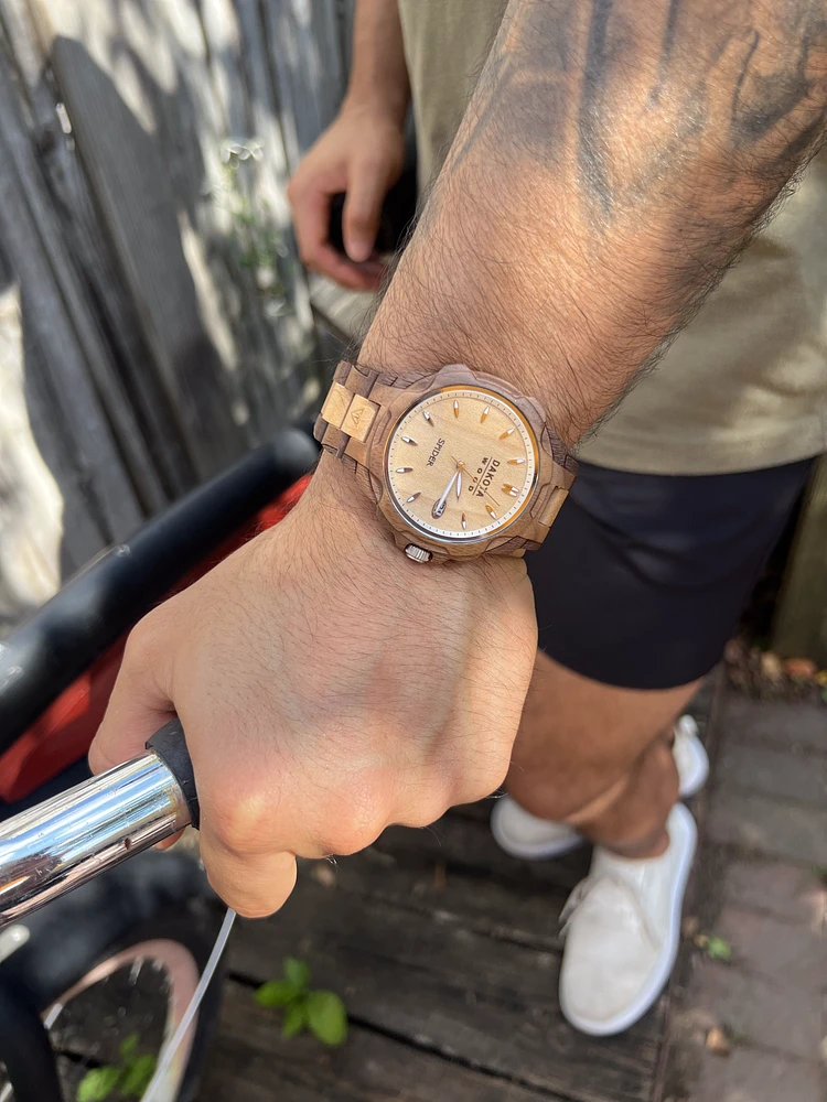 Wood Spider - Zebrawood Case and Band. Black Sunray Dial