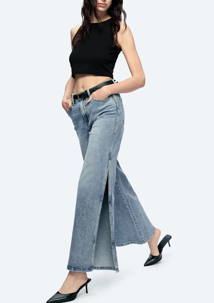 High Rise Wide Leg Denim Jeans With Slit - Waisted