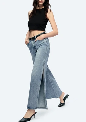 High Rise Wide Leg Denim Jeans With Slit - Waisted