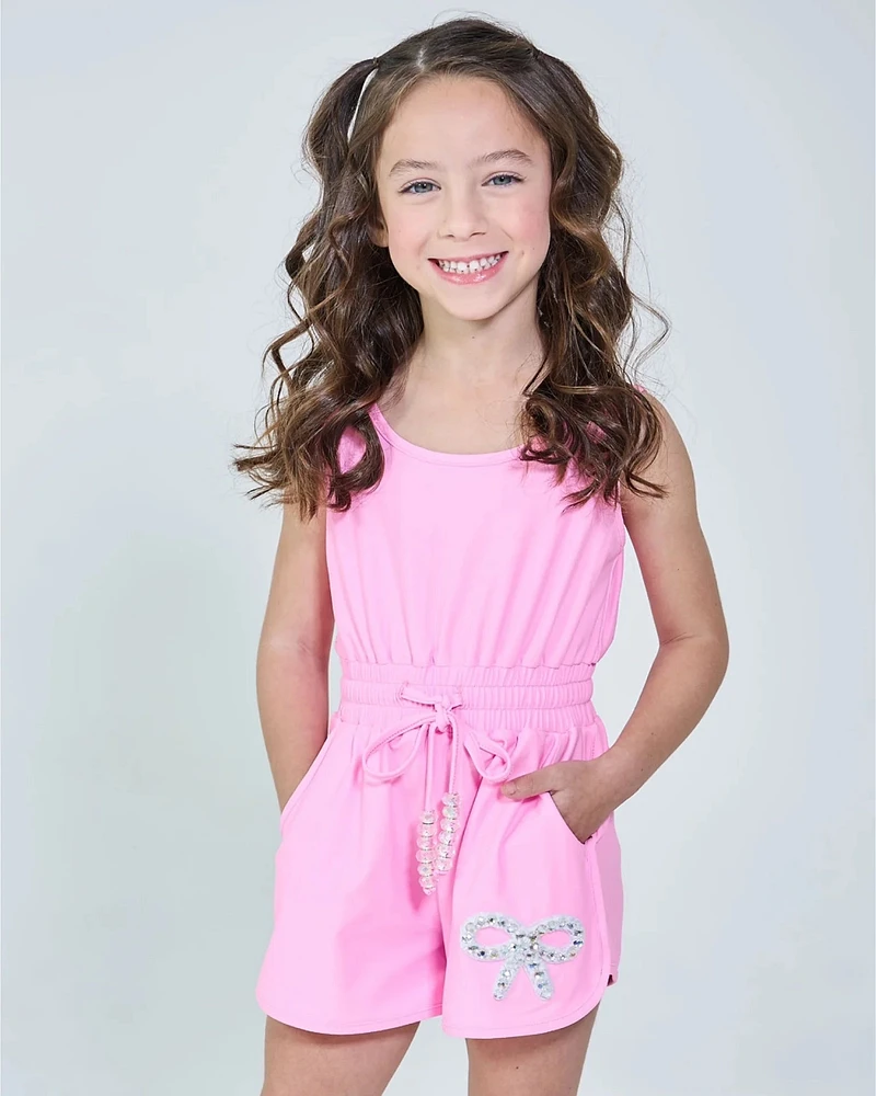 Bright Pink Crystal Bow Short Romper
