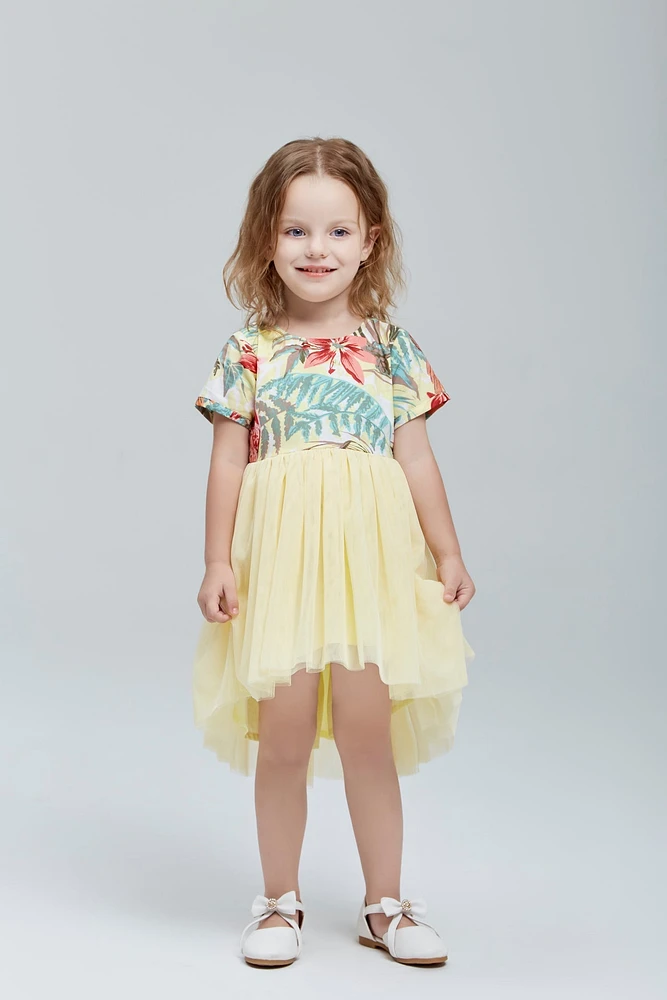 Tropical Print Tulle Dress Yellow