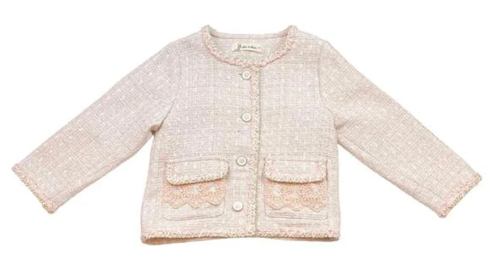 Pink Floral Lace Trim Tweed Jacket