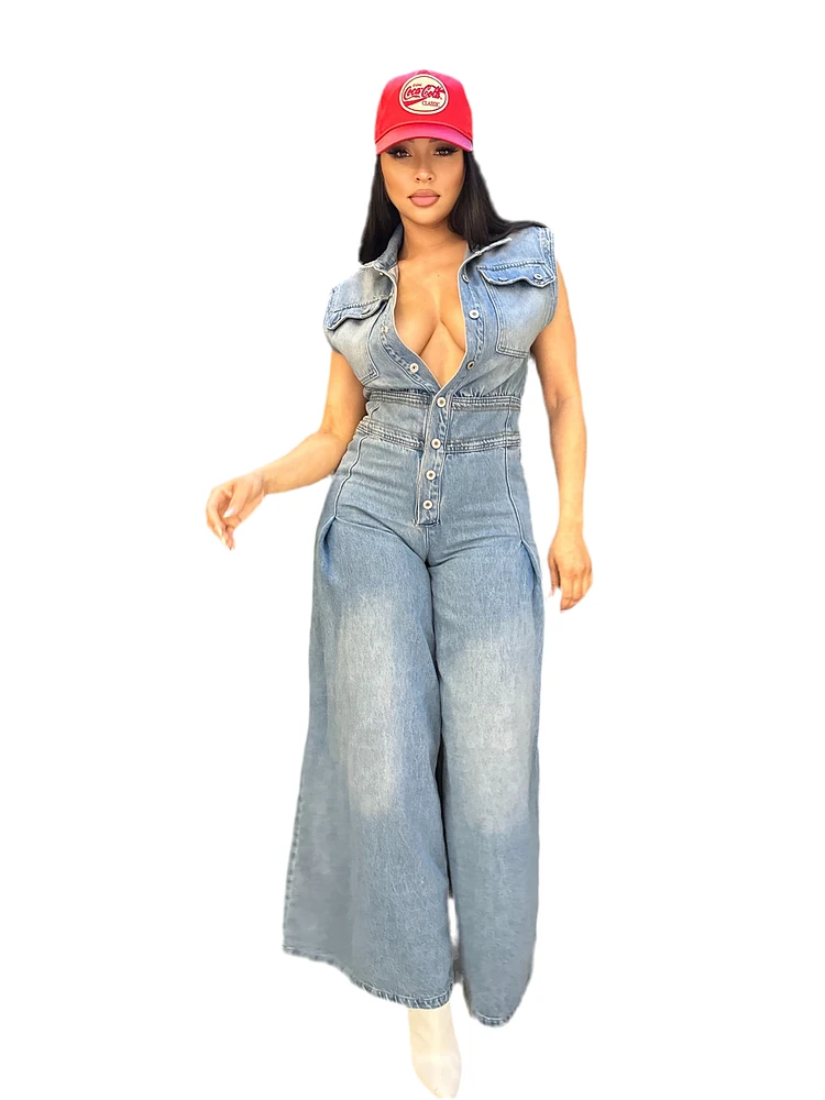 8586: WIDE LEG DENIM ROMPER