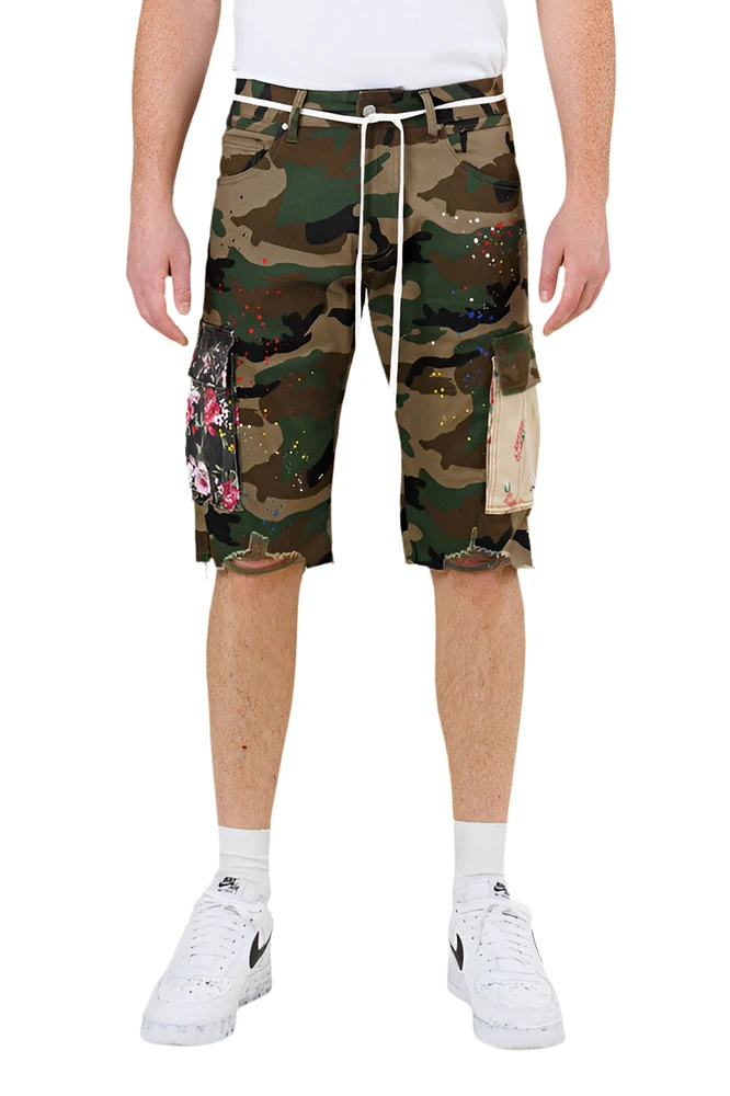 FIRST ROW: CAMO FLOWER PATCH CARGO SHORTS