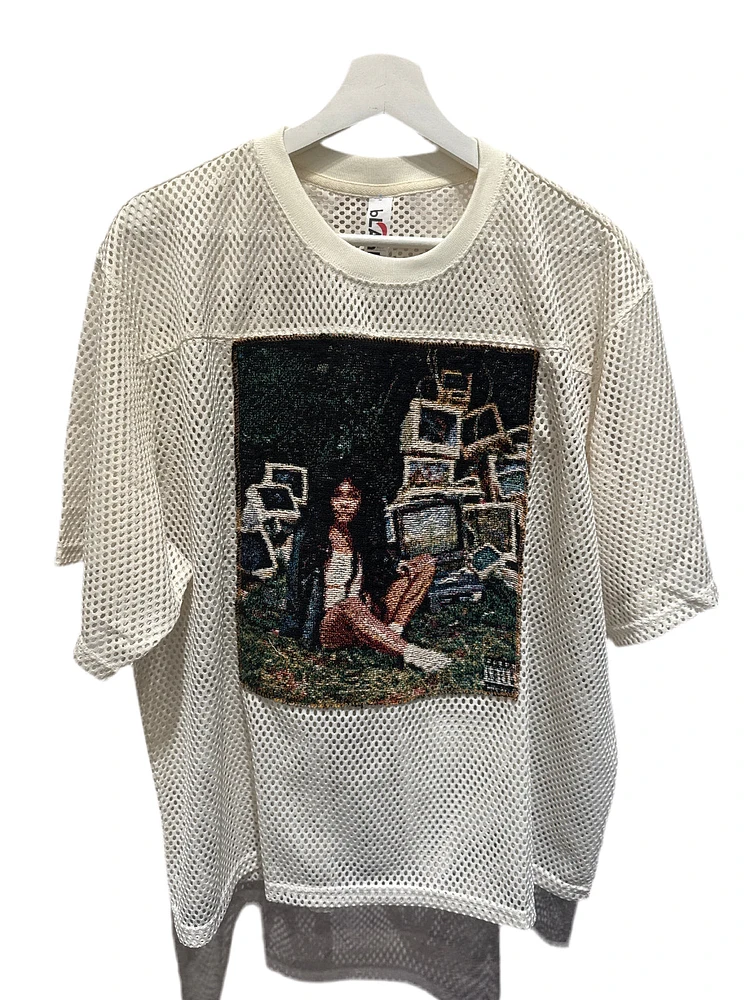 ANGEL GENTLE: SZA JERSEY MESH TAPESTRY TOP