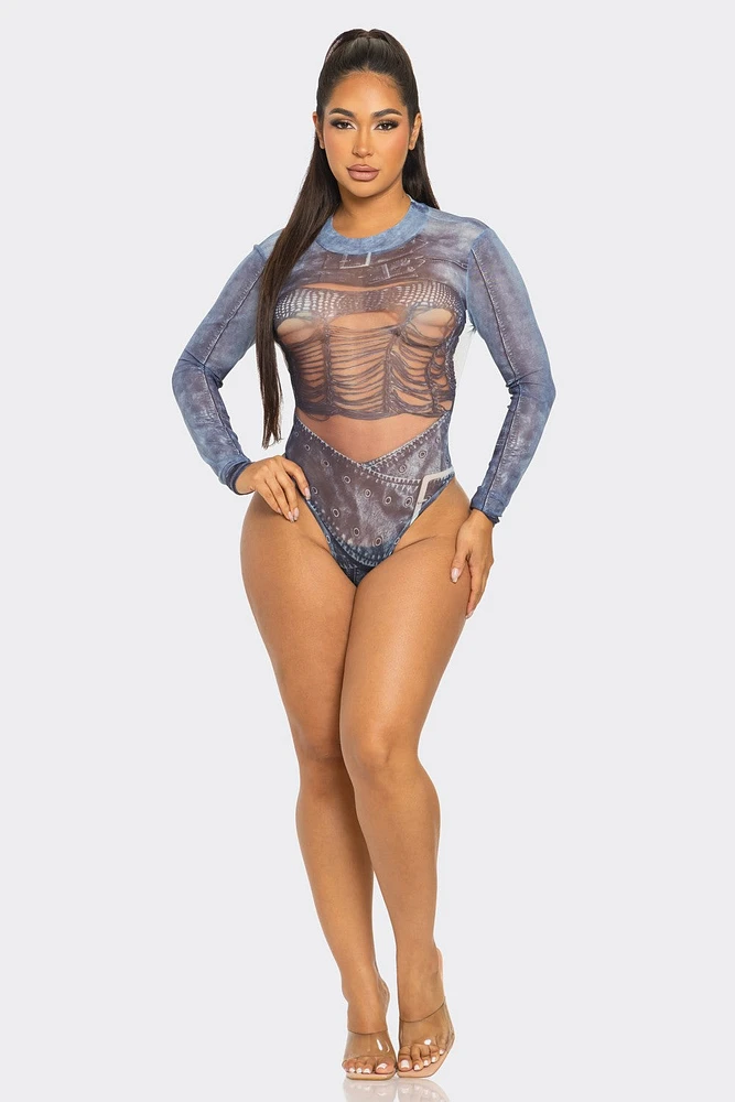 BOHO: SHEER FAUX DENIM BODYSUIT