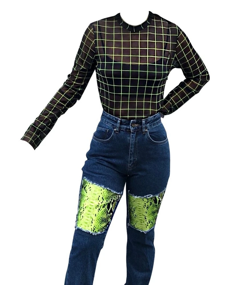 THE RAGGED PRIEST: HIGH WAISTED LIME SNAKESKIN MOM JEAN