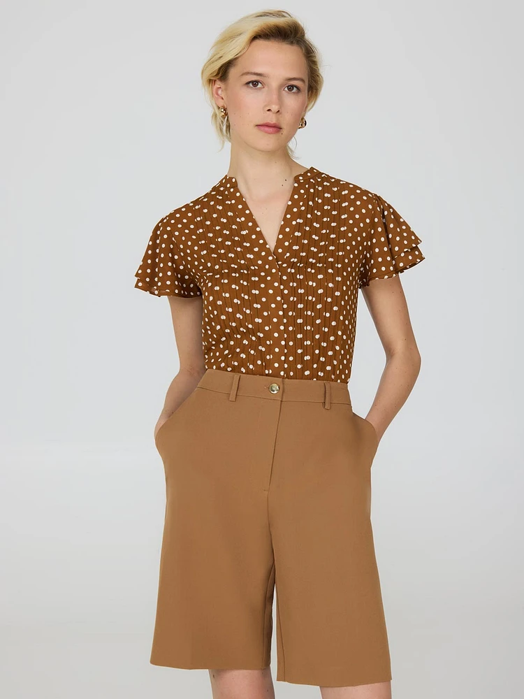 Dot Print Flutter Sleeve Chiffon Blouse