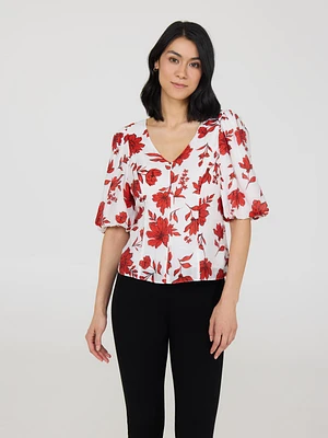 Puff Sleeve V-Neck Floral Top