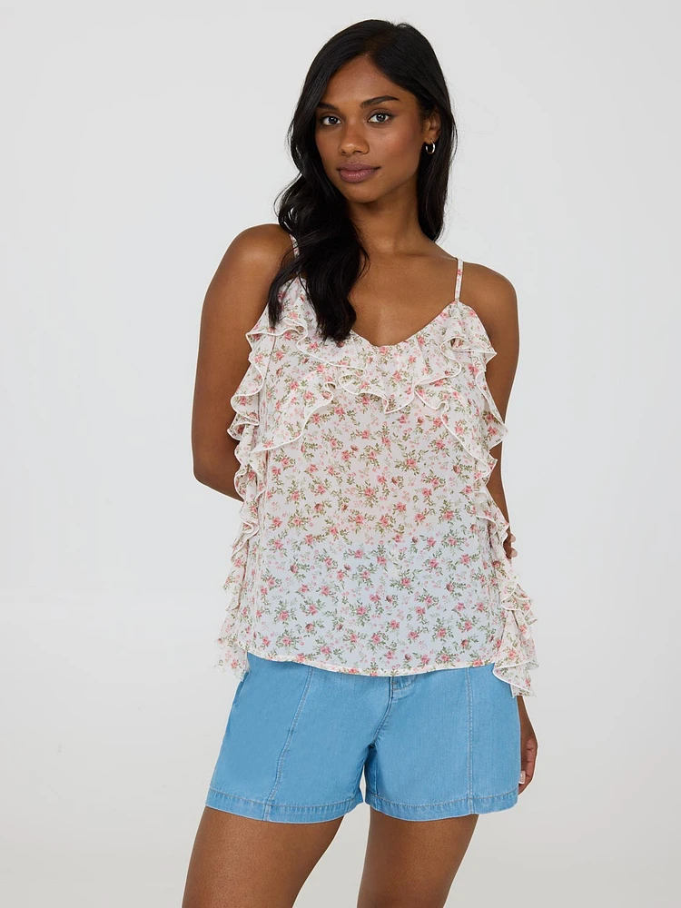 Floral Print Ruffle Chiffon Tank Top