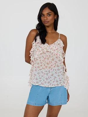 Floral Print Ruffle Chiffon Tank Top