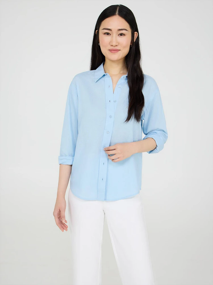 Button-Front Linen Blend Blouse