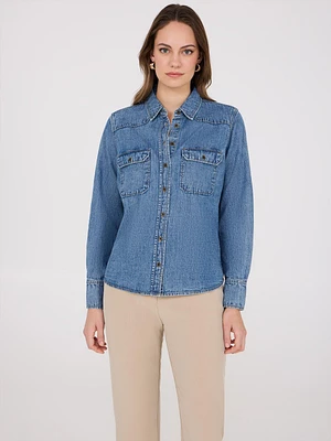 Cotton Denim Button-Front Shirt