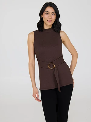 Sleeveless Mock Neck Belted Cotton Tunic
